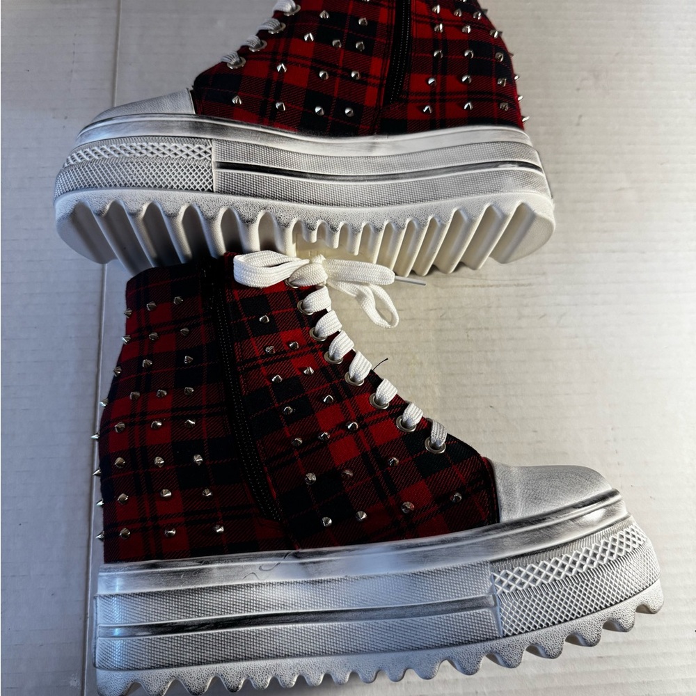 Anthony Wang Red Plaid High-Top Sneakers Silver Studs Goth Grunge Punk NIB 7 - Picture 3 of 6